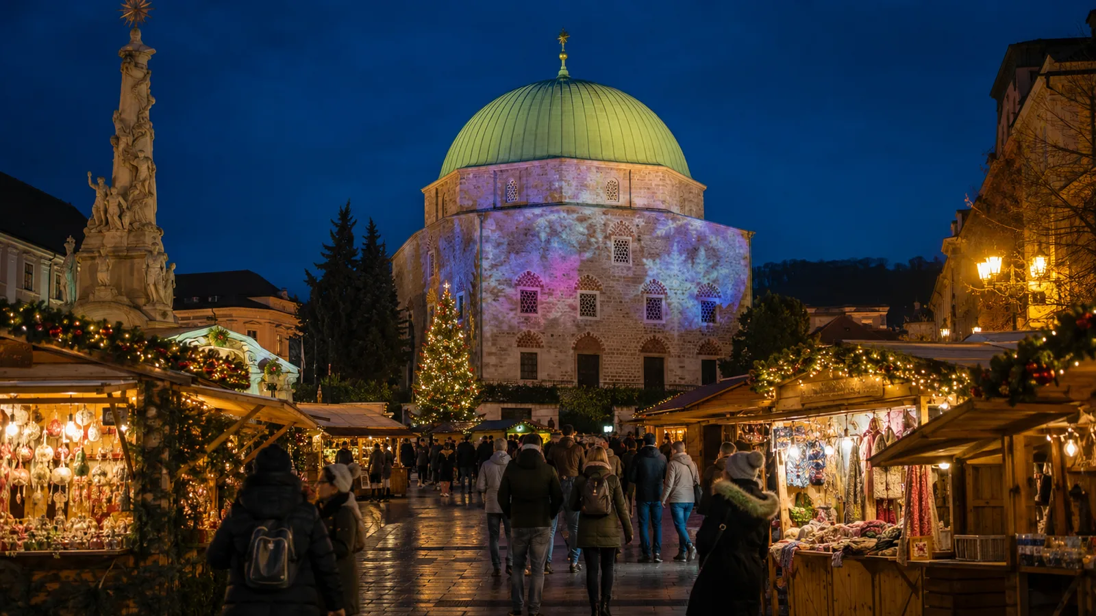 Adventi faházak és fényfestés a pécsi Széchenyi téren, háttérben a dzsámival – MI-vel generált illusztráció