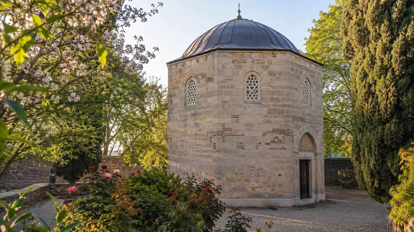 Idrisz Baba nyolcszögletű türbéje a pécsi Rókusdombon – MI-vel generált illusztráció