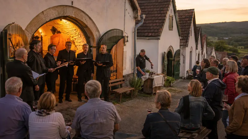 Pincekoncert és borkóstoló hangulata a Villányi borvidéken – MI-vel generált illusztráció